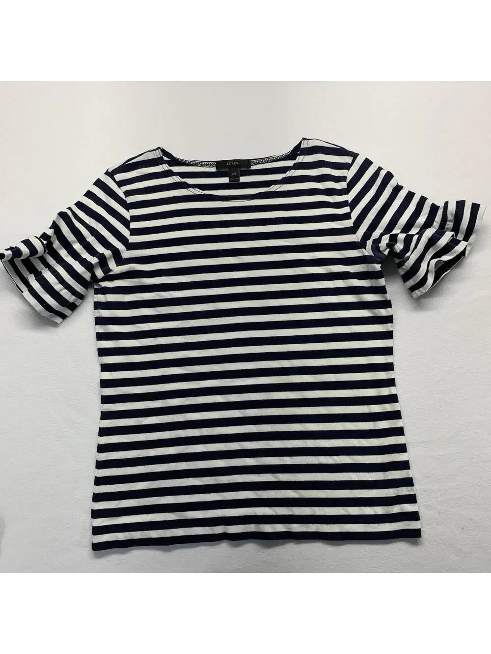 J.Crew Striped Ruffle Sleeve Top Womens XXS Navy White Nautical Scoop Neck Tee